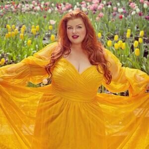 ELOQUII x NABELA NOOR Tiered Puff Sleeve Midi Dress Sunflower Yellow Sz 22 FF22